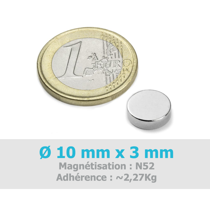 Aimant Ø 10 mm, hauteur 3 mm