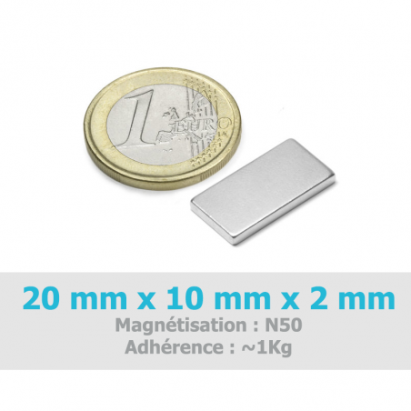 Aimant rectangle 20 mm, largeur 10mm, épaisseur 2 mm