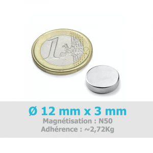 Aimant Ø 12 mm, hauteur 3 mm