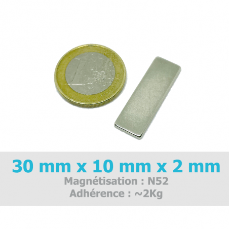 Aimant rectangle 30 mm, largeur 10mm, épaisseur 2 mm